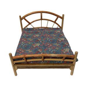 Handmade Miniature Bed With Blue Floral Mattress & Wooden Frame 10.5" x 6.5" x 9
